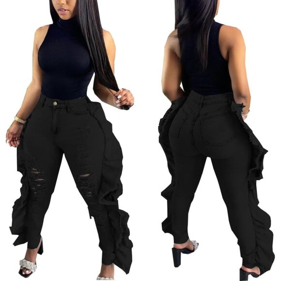 Plus Size Jeans Women High Waisted Distressed Casual Trousers - Picture 4 of 8